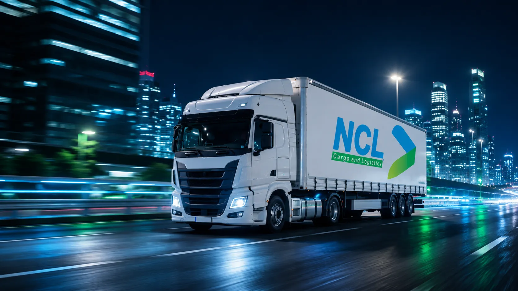 NCL truck on highway at night